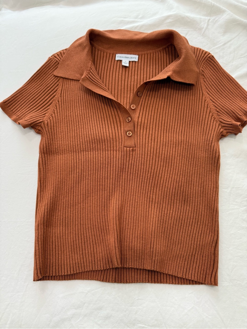 Calvin Klein Ribbed  Polo Top in Rust